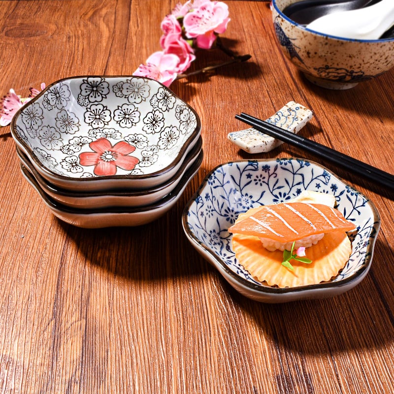 Cerficer Japanese Soy Sauce Dish Set of 4 Ceramic 4 Inch Plum Flower Sushi Dishes Dipping Bowls Serving for Dumpling,Side Dish Seasoning (4) - Image 3